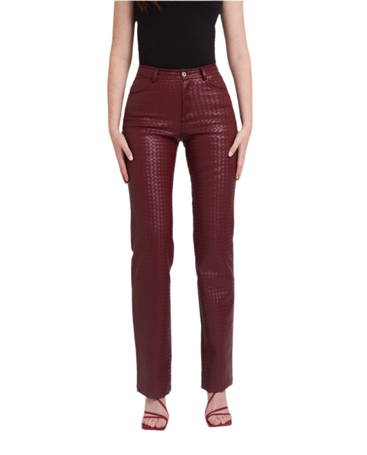 Read woven leather trousers