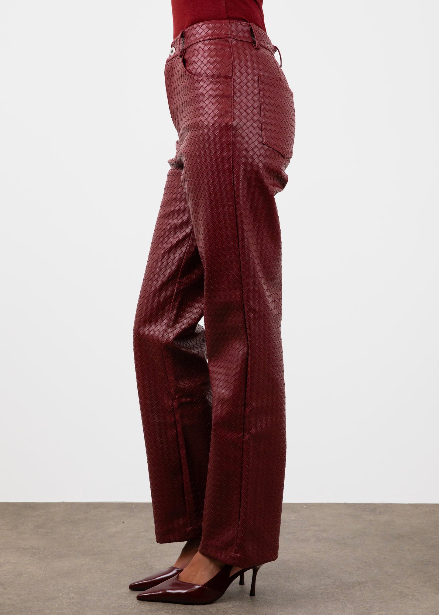 Woven Leather Trousers- Red Wine