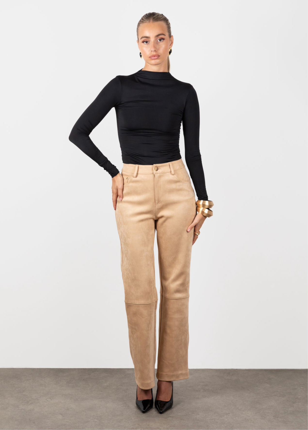 Suede High Waisted Trousers- Beige (Pre-Order)