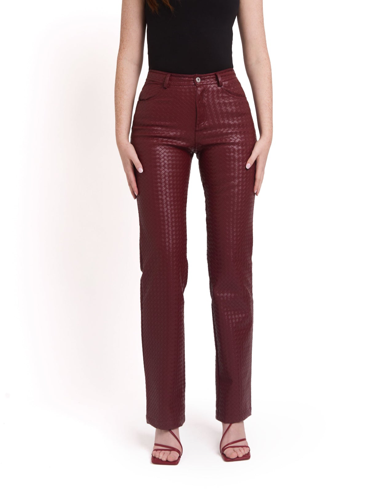 Woven Leather Trousers- Red Wine