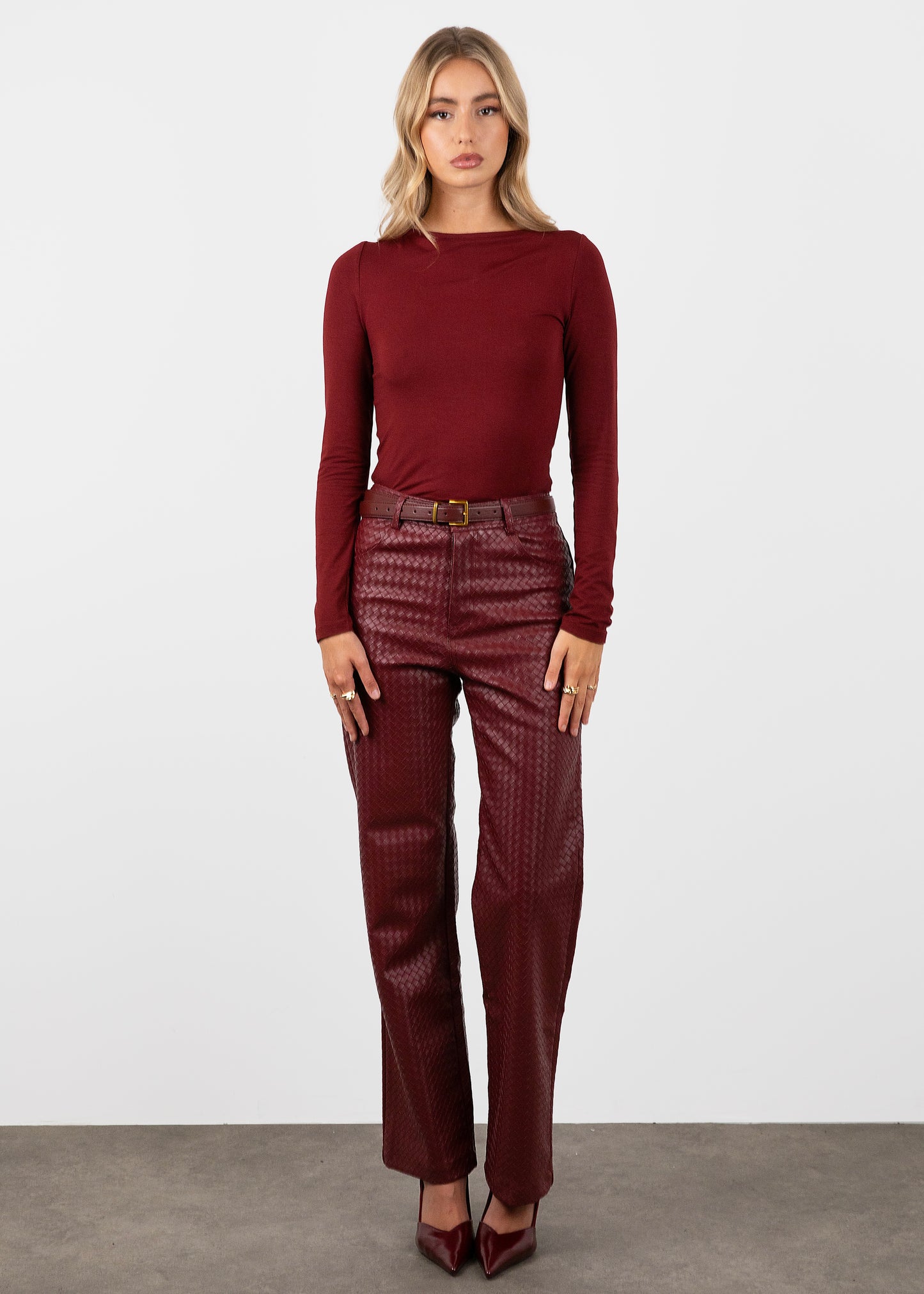 Woven Leather Trousers- Red Wine