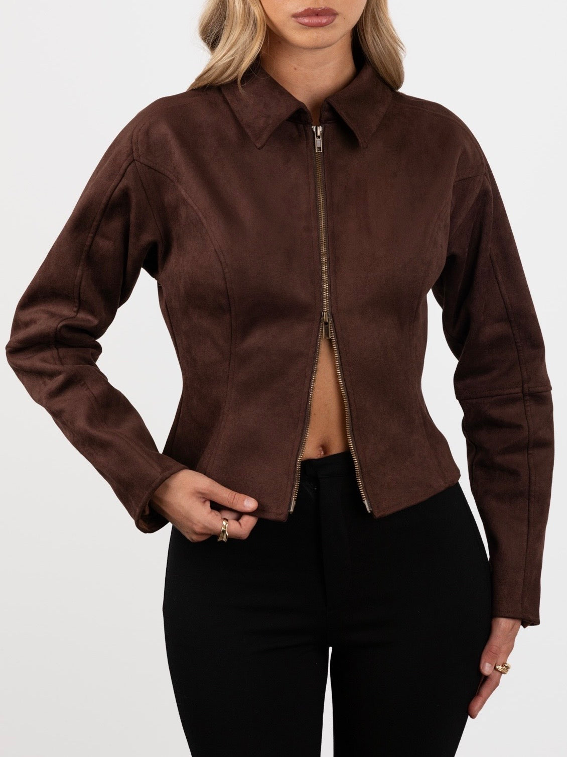 Double Zip Cinched Suede Bomber Jacket - Mocha Brown