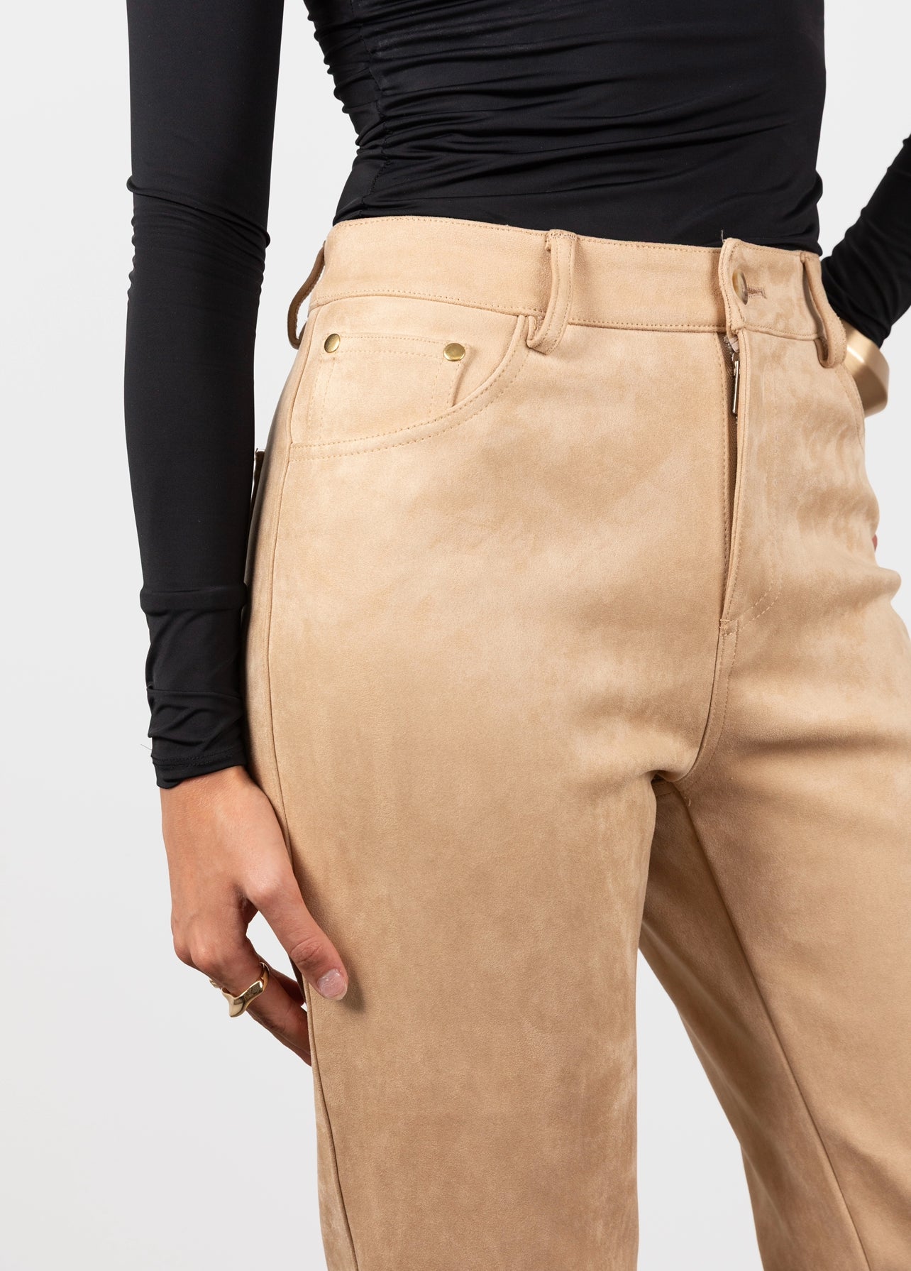 Suede High Waisted Trousers- Beige (Pre-Order)