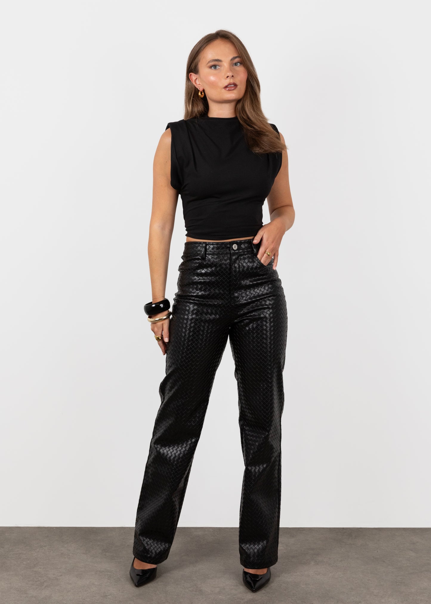 Woven Leather Trousers- Black (Pre order)