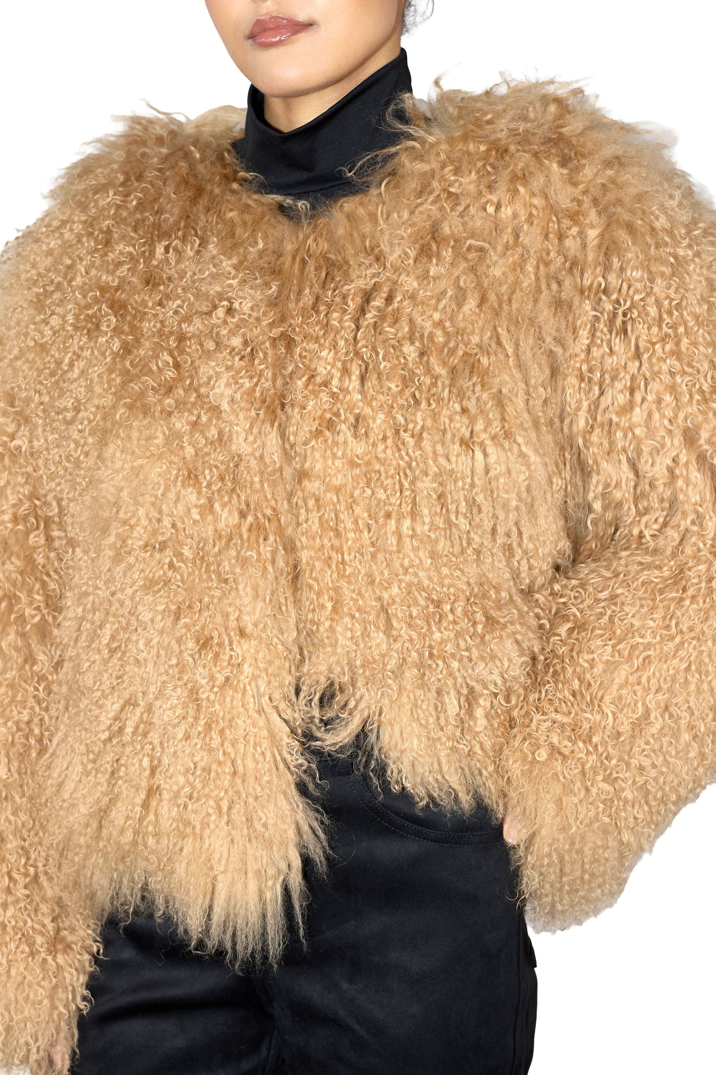 Beige Beige Mongolian fur coat worn by a person on a white background