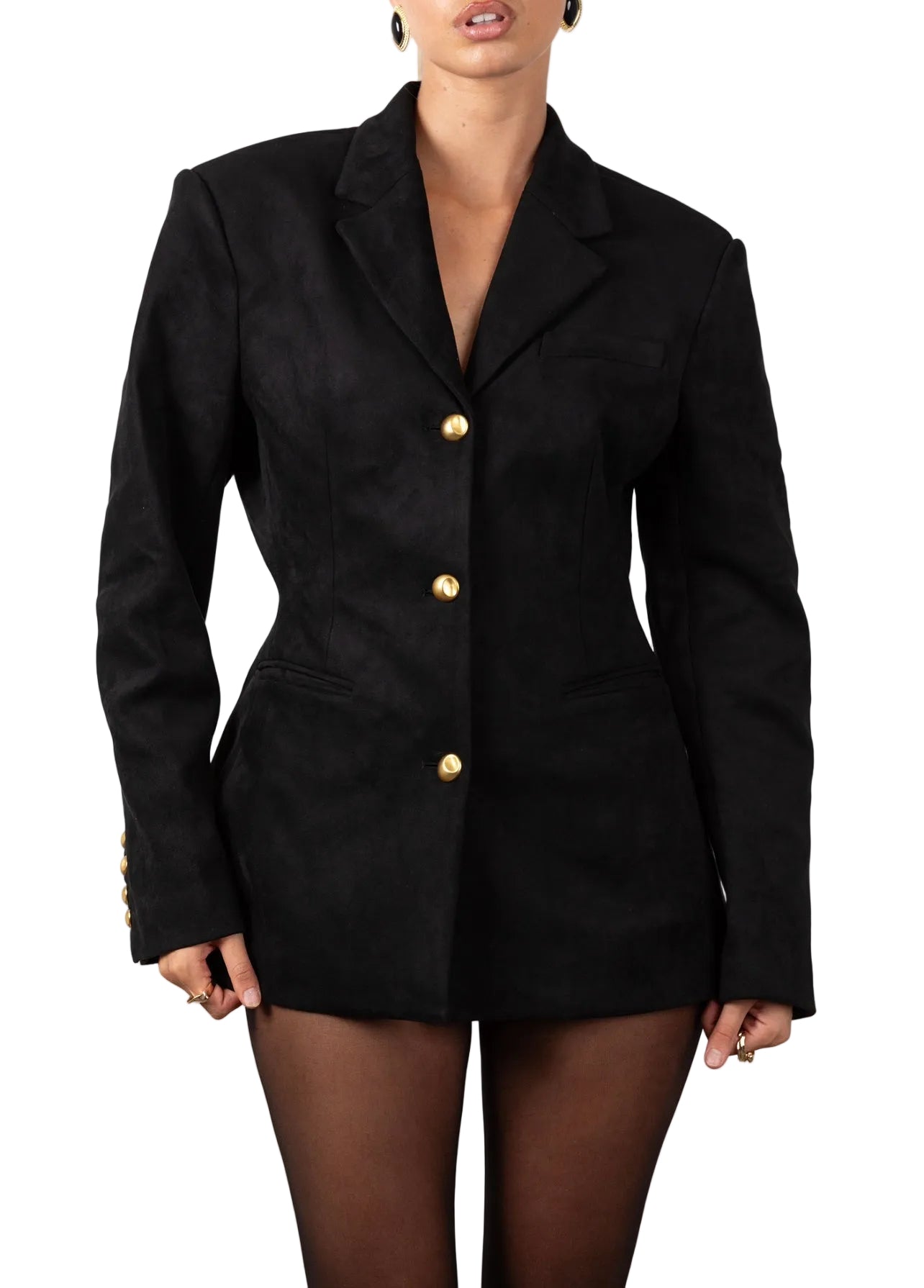 Black blazer with gold buttons on a white background