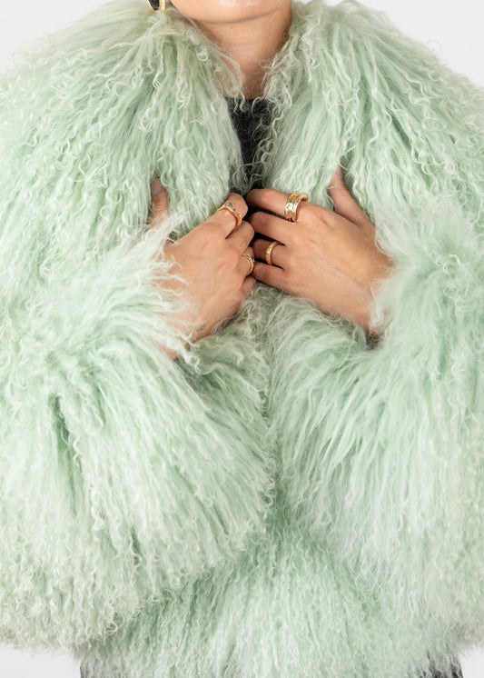 Ski Trip Outfit Inspiration: Fresh Après-Ski Style with a Mint Green Mongolian Fur Coat