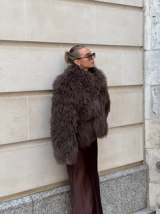 chocolate Brown Mongolian fur coat. 