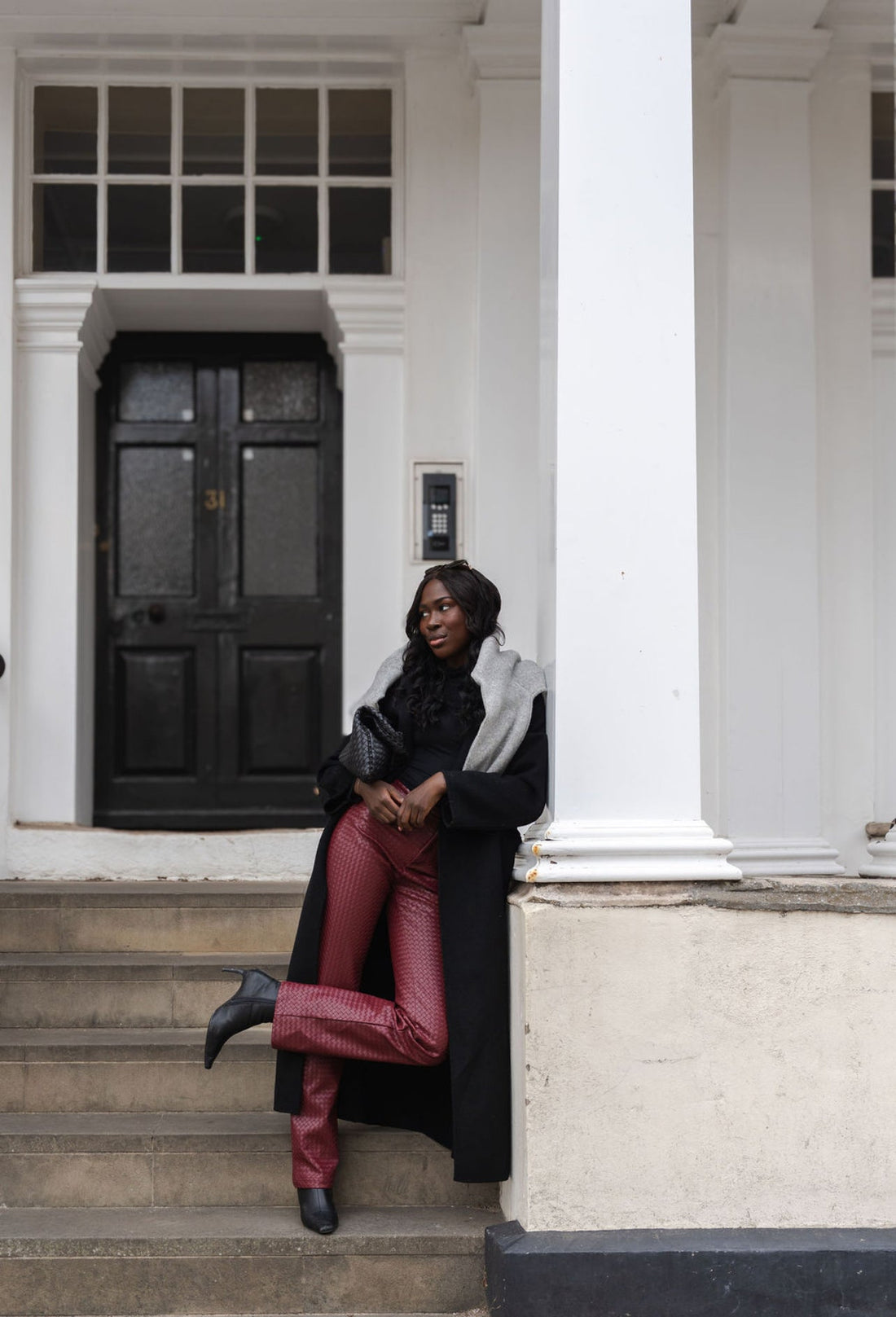 Girls’ Night Outfit Inspiration: Red Wine Woven Leather Trousers