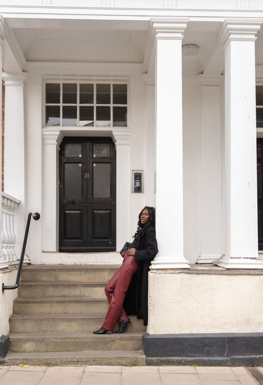 Valentine’s Day Outfit Inspiration: Red Wine Woven Leather Trousers for Romantic Style