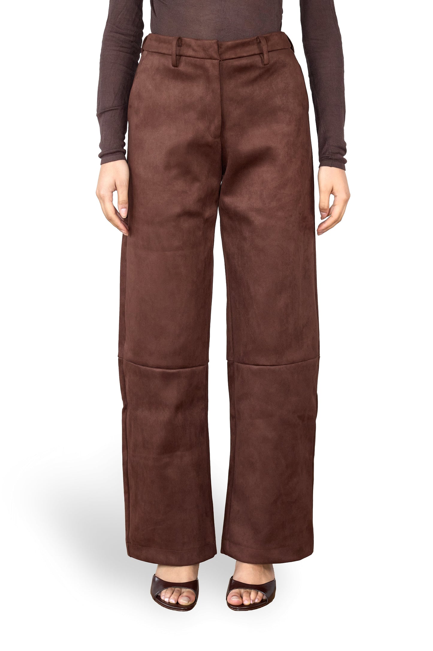 Brown wide-leg pants worn by a person on a white background