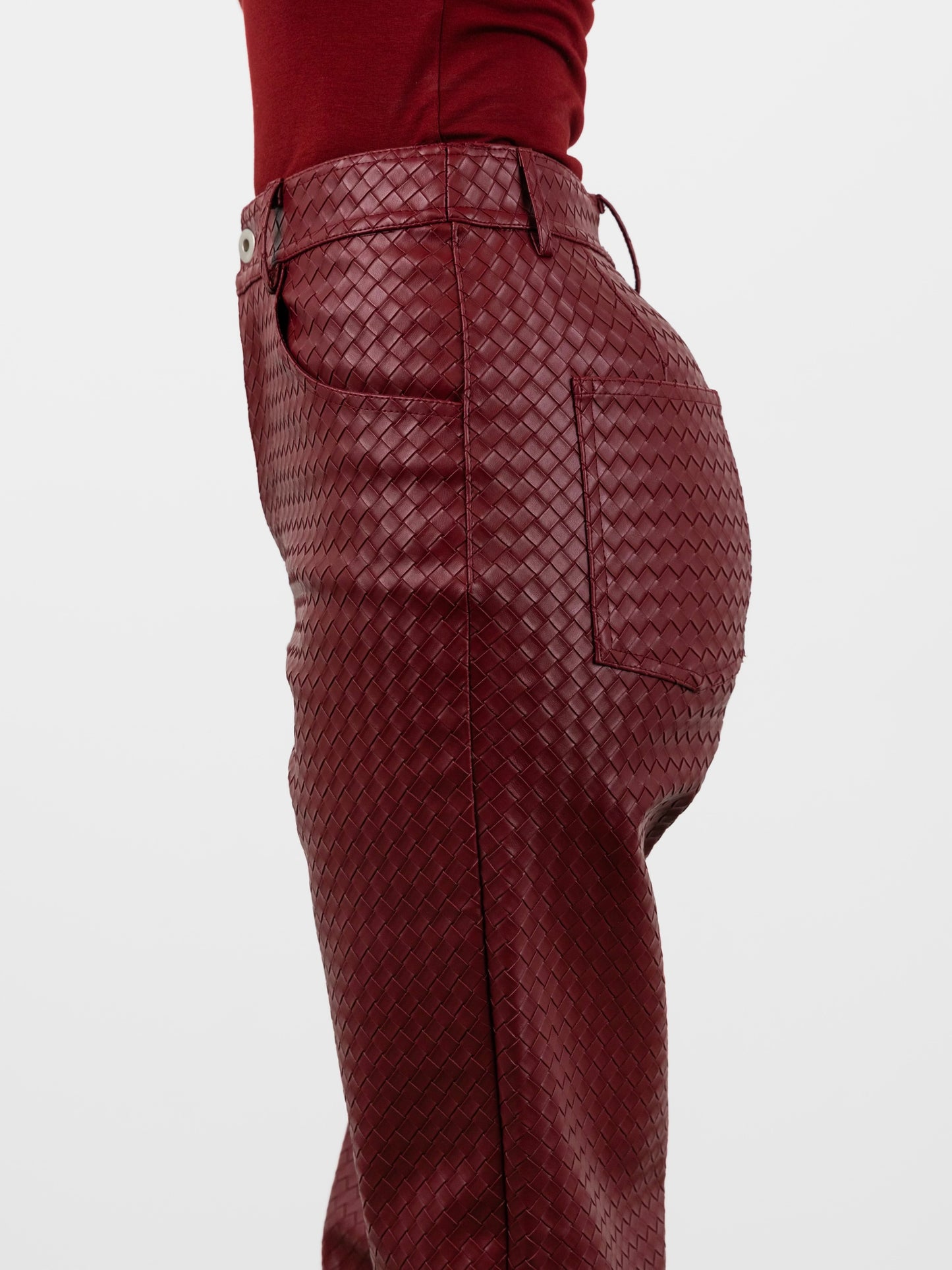 Woven Leather Trousers- Red Wine