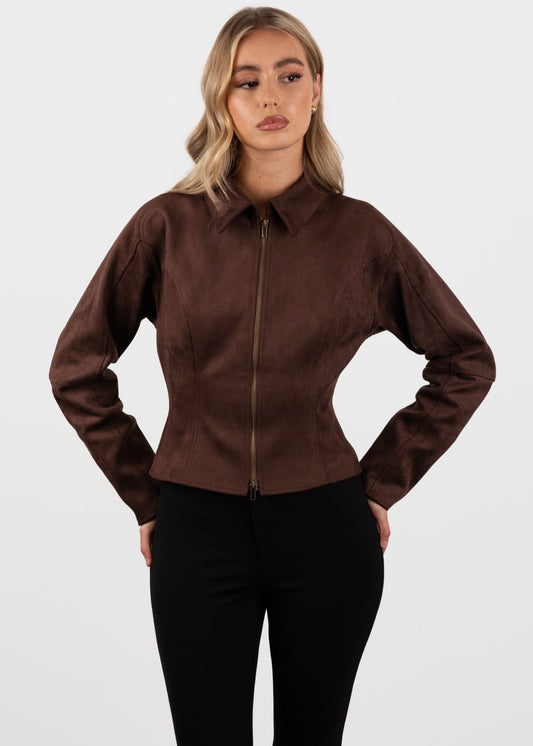 Double Zip Cinched Suede Bomber Jacket - Mocha Brown