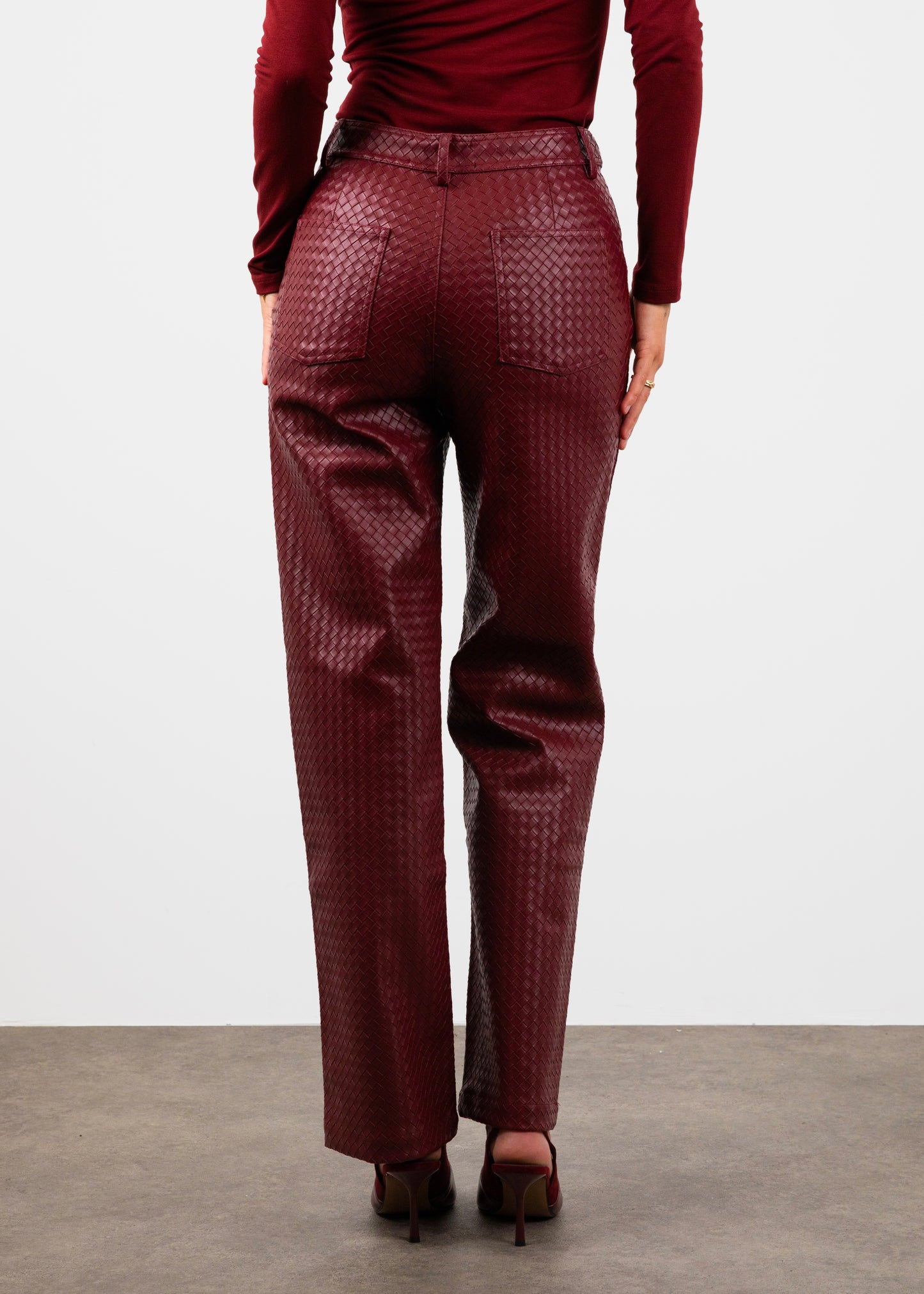 Woven Leather Trousers- Red Wine