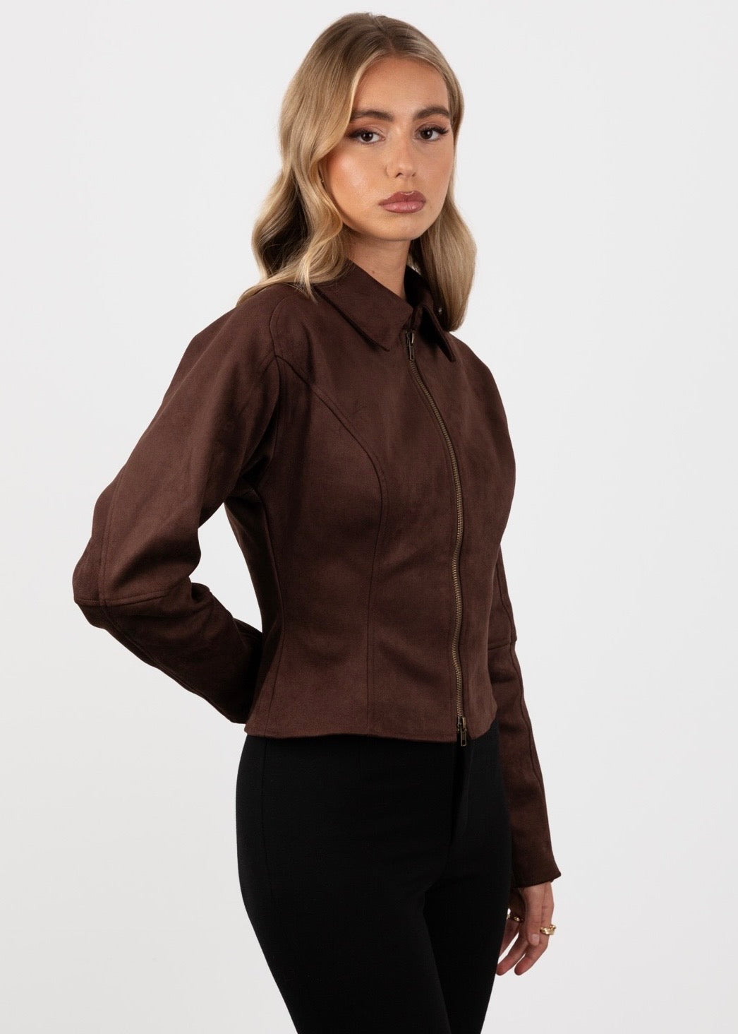 Double Zip Cinched Suede Bomber Jacket - Mocha Brown