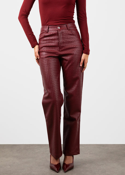 Woven Leather Trousers- Red Wine