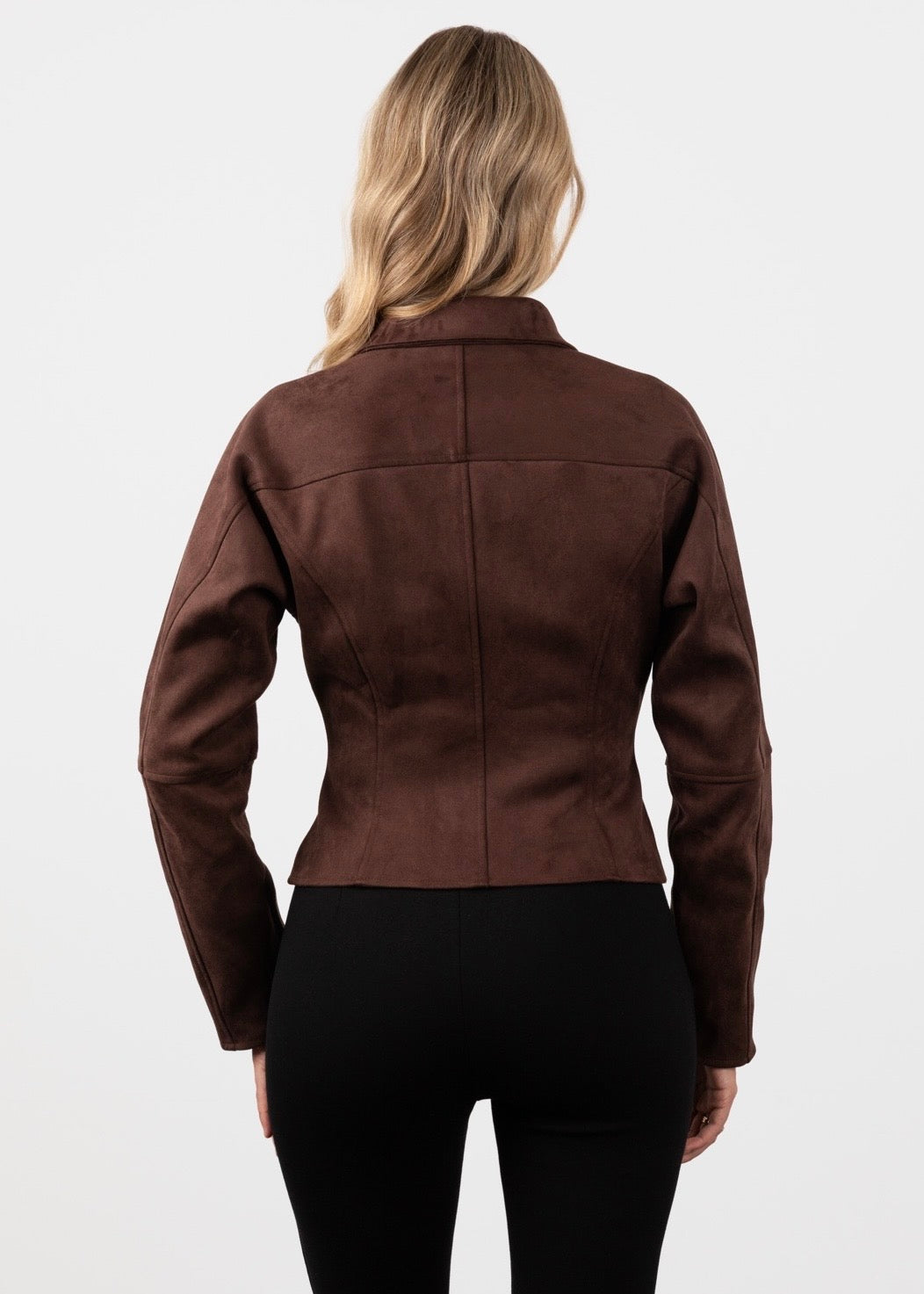 Double Zip Cinched Suede Bomber Jacket - Mocha Brown