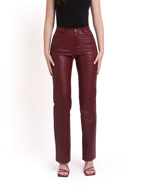 Woven Leather Trousers- Red Wine