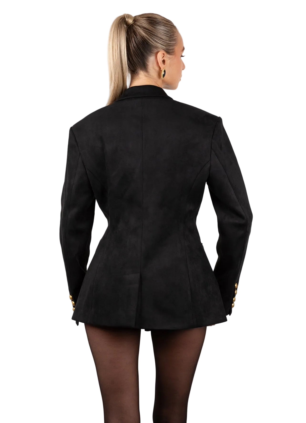 Person wearing a black blazer on a white background