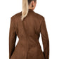 Brown suede jacket worn by a person on a white background