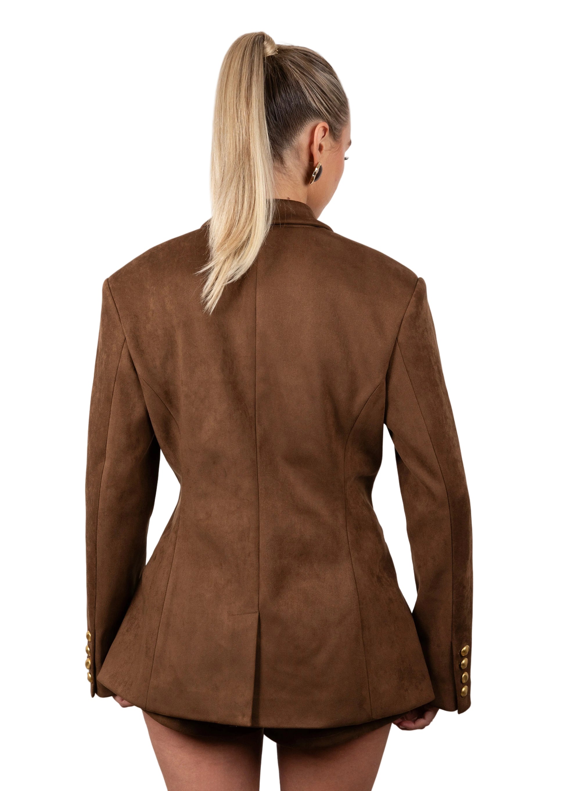 Brown suede jacket worn by a person on a white background
