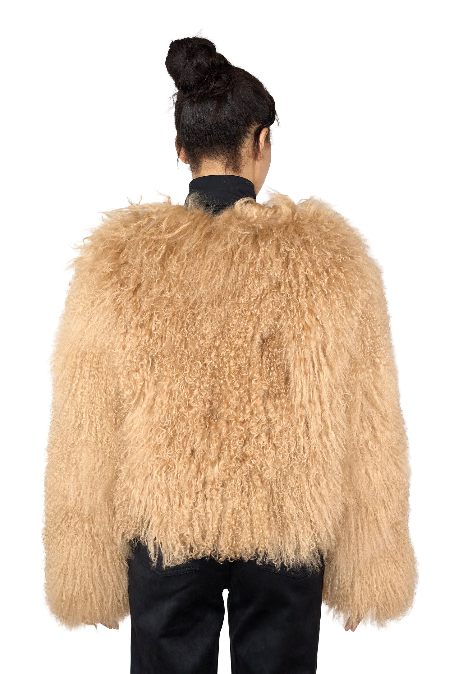 Beige Mongolian fur coat  on a white background