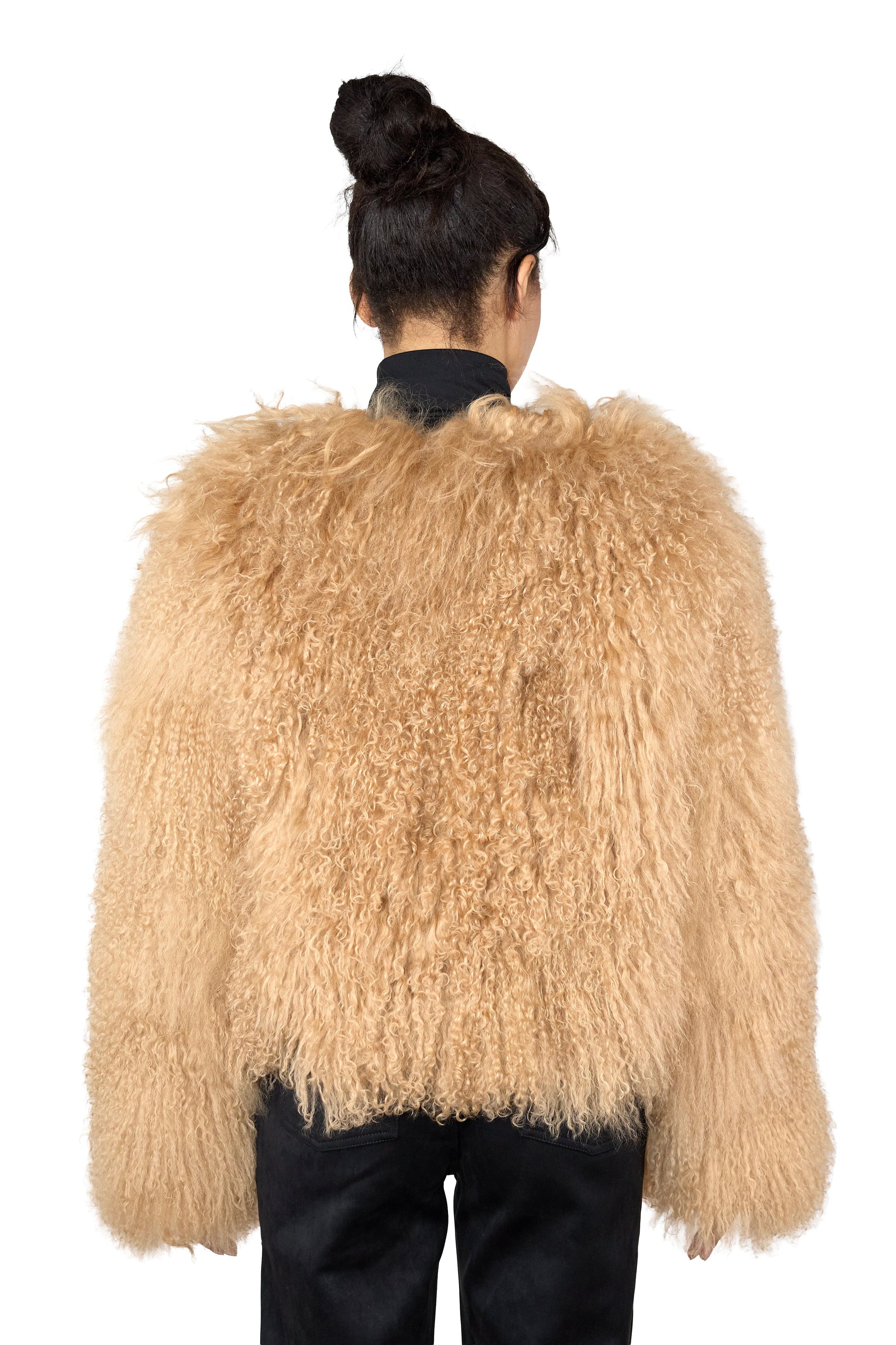 Beige Mongolian fur coat  on a white background