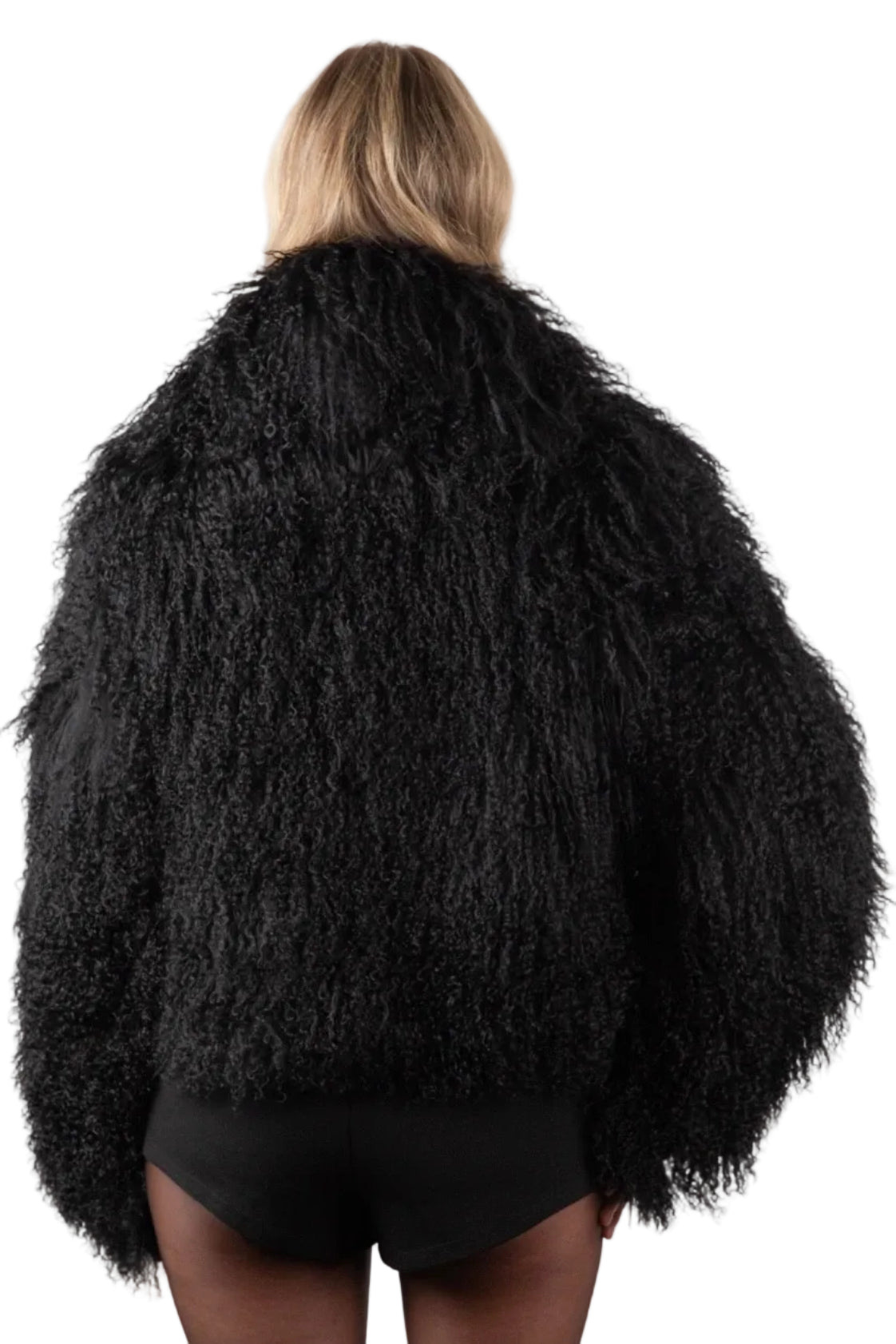 Person wearing a Black Mongolian fur coat  on a white background