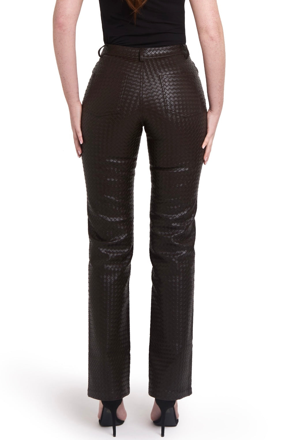 Person wearing Front Brown Woven Leather Trousers pants on a white background