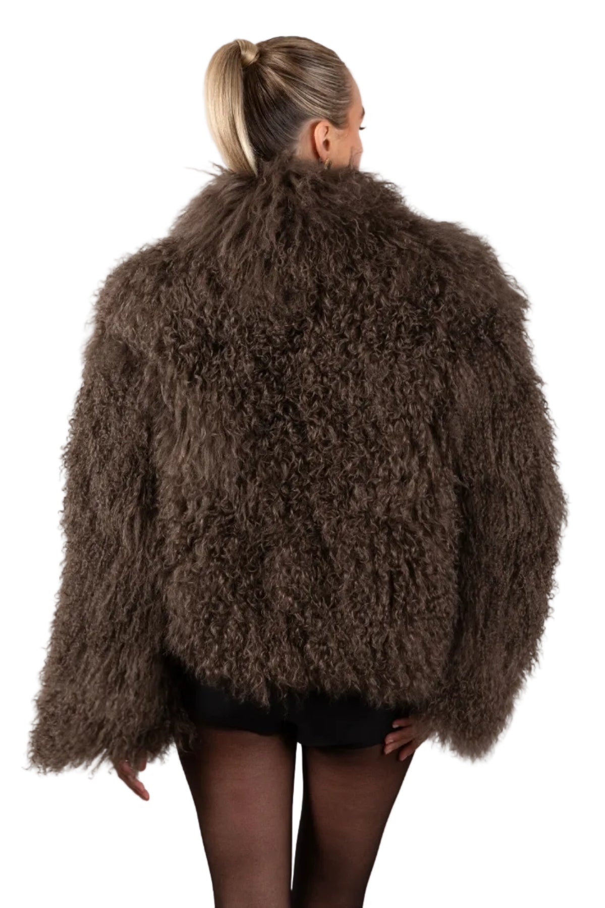Person wearing a brown Mongolian fur coat  on a white background