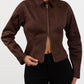 Double Zip Cinched Suede Bomber Jacket - Mocha Brown