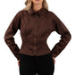 Woman wearing Suede brow double zip jacket 