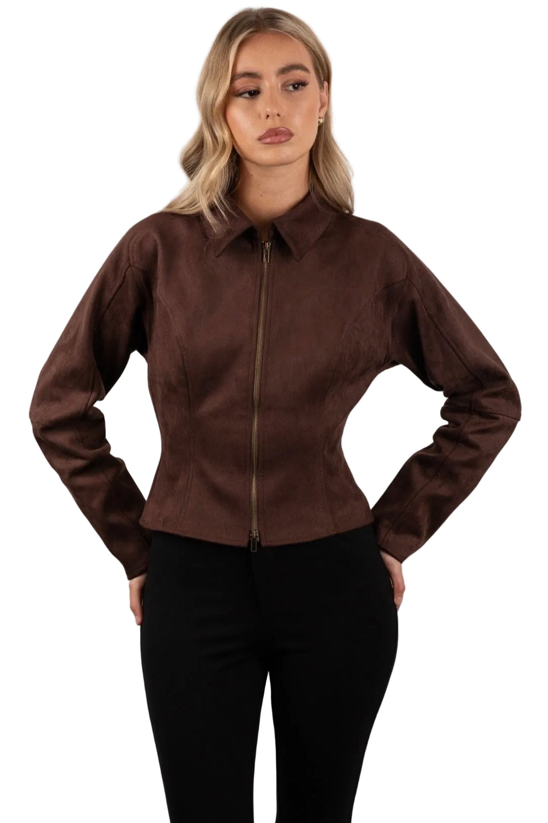 Woman wearing Suede brow double zip jacket 