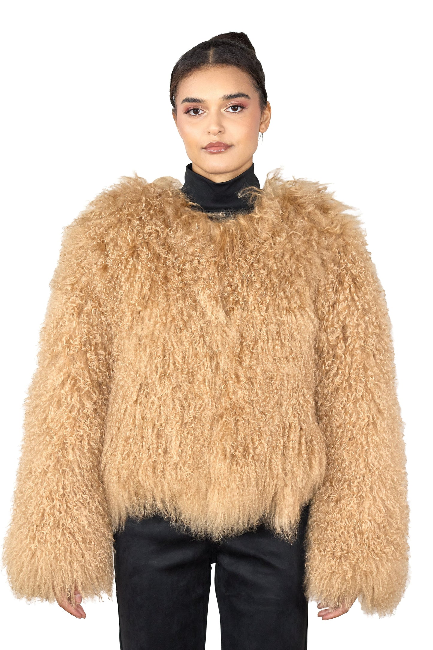 Person wearing a Beige Mongolian fur coat on a white background