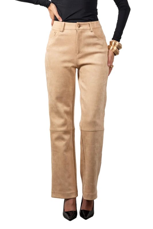 Beige Suede Trousers  pants worn by a person on a plain background
