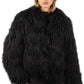 Person wearing a Black Mongolian fur coat on a white background