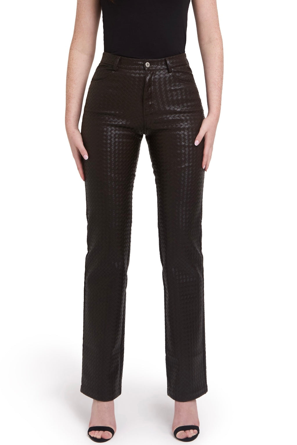 Person wearing Front Brown Woven Leather Trousers on a white background