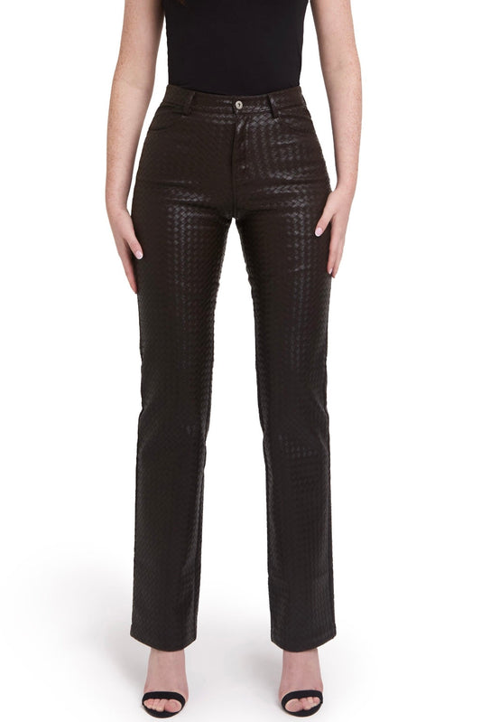 Person wearing Front Brown Woven Leather Trousers on a white background