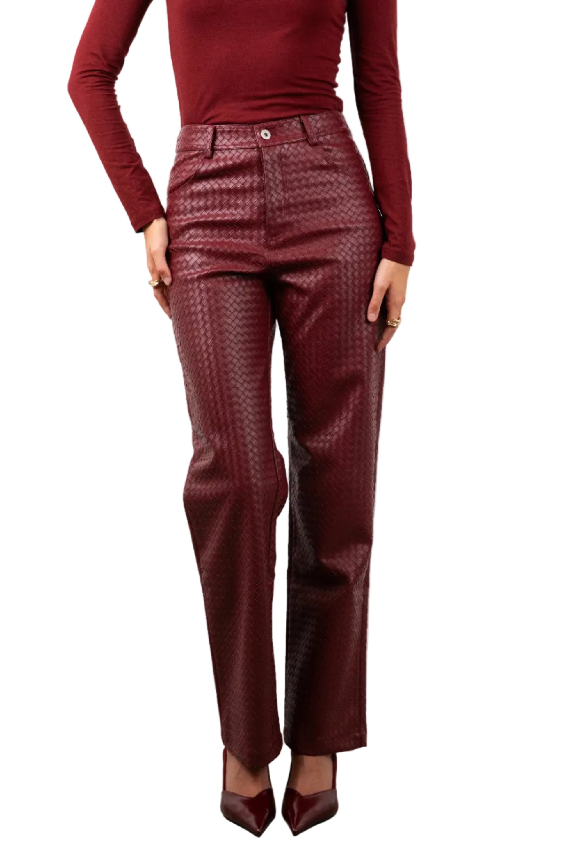 Person wearing Red Woven Leather Trousers 