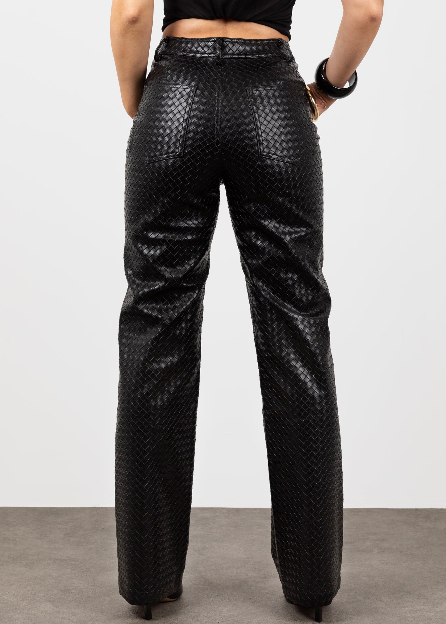 Woven Leather Trousers- Black (Pre order)