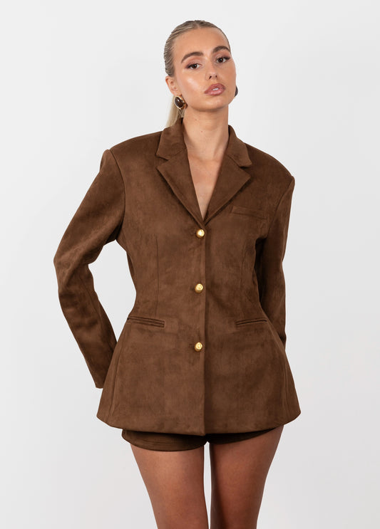 Suede Cinched Blazer - Brown (Pre-Order)