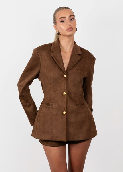 Suede Cinched Blazer - Brown (Pre-Order)