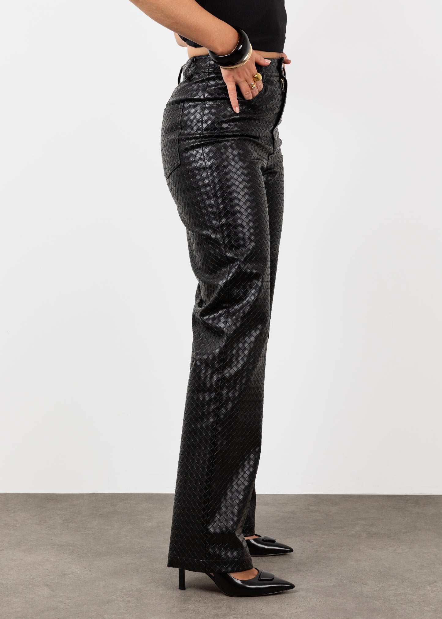 Woven Leather Trousers- Black (Pre order)