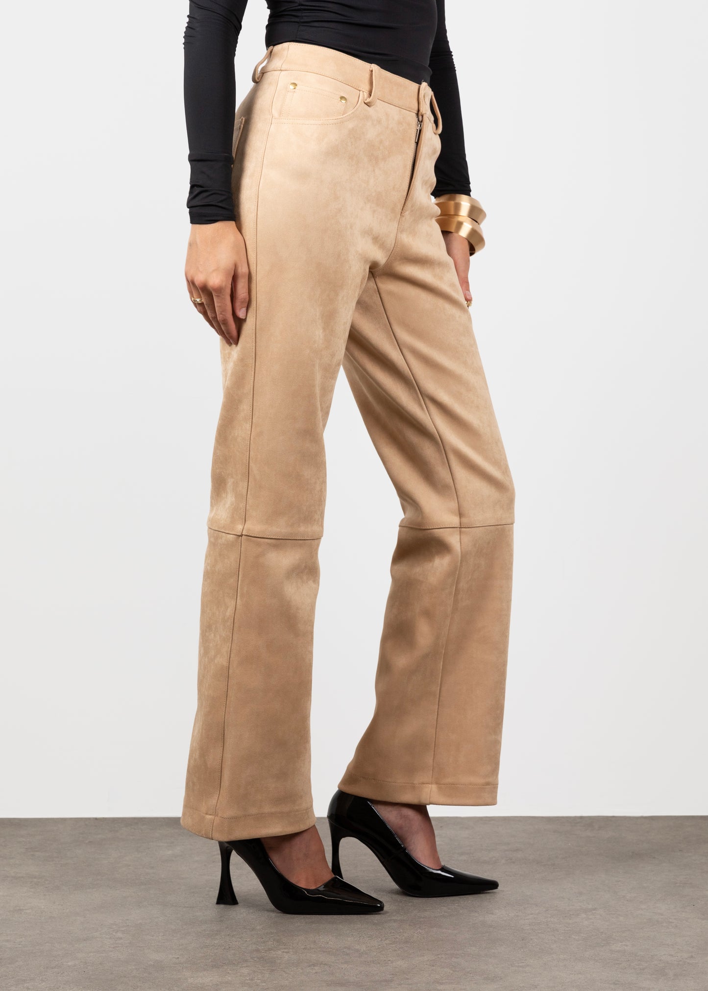 Suede High Waisted Trousers- Beige (Pre-Order)