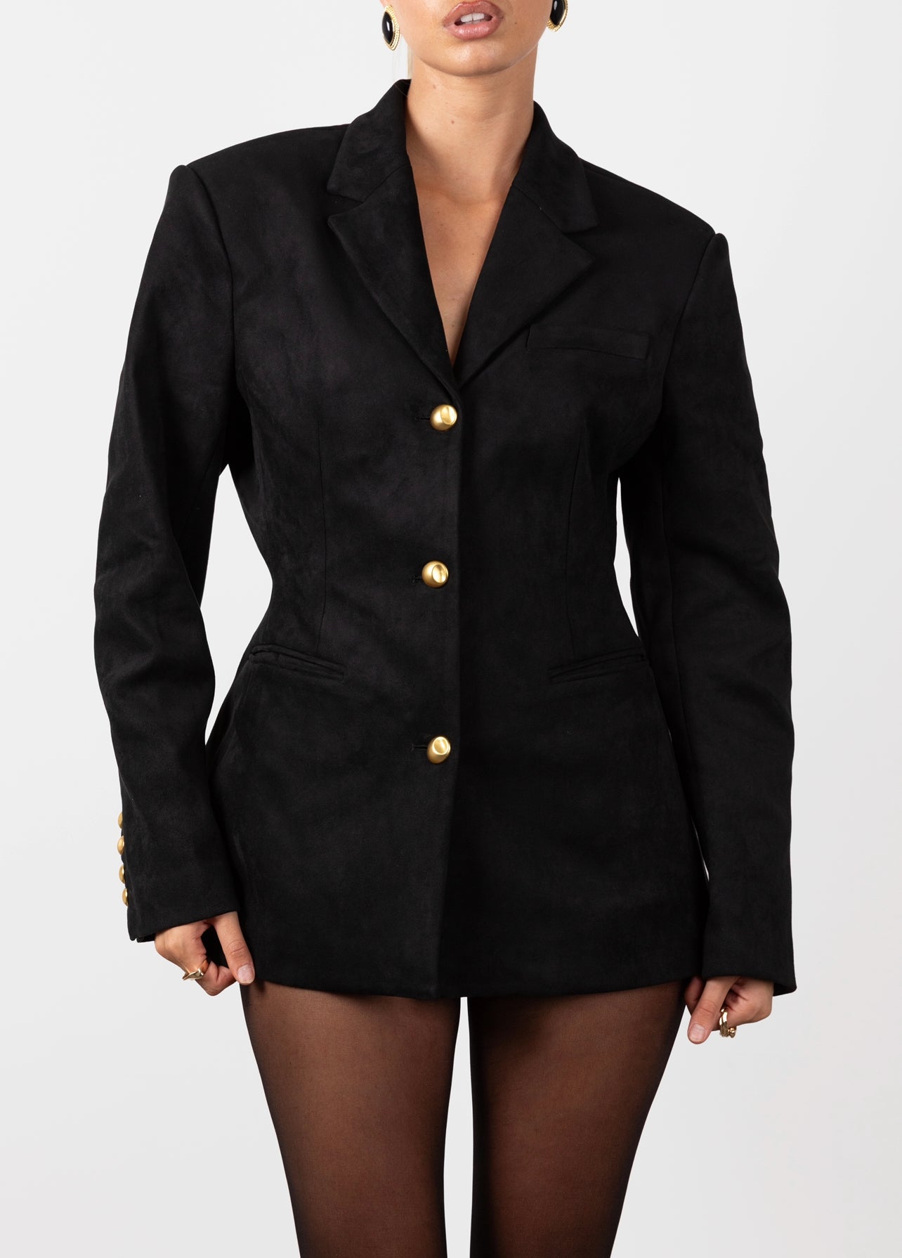 Suede Cinched Blazer - Black (Pre-Order)