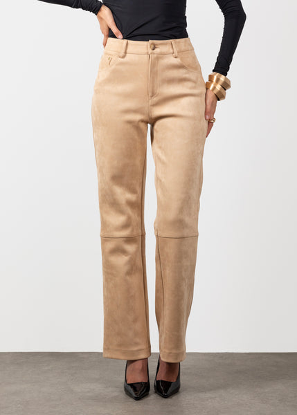 Suede High Waisted Trousers- Beige (Pre-Order)