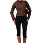 Woman wearing Suede brown double zip jacket 