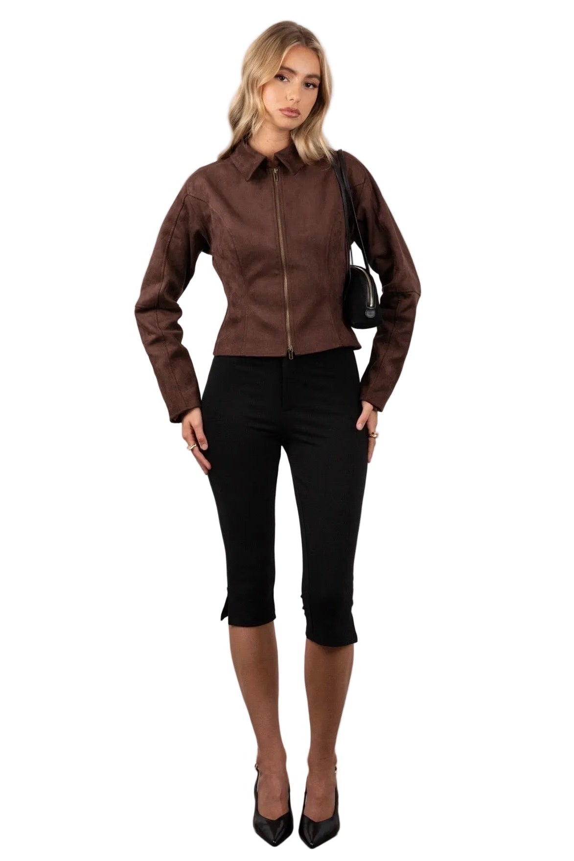 Woman wearing Suede brown double zip jacket 