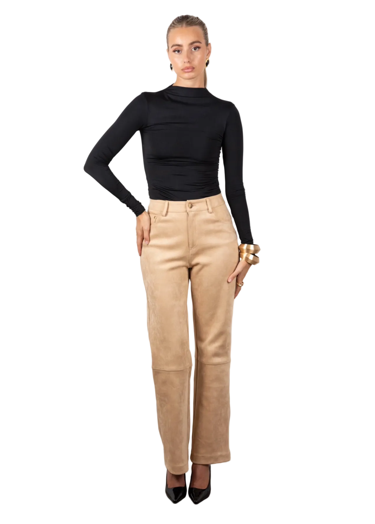 Woman wearing Beige Suede Trousers 