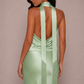 Satin Lace Halter Top with Fringe Detail-Pistachio